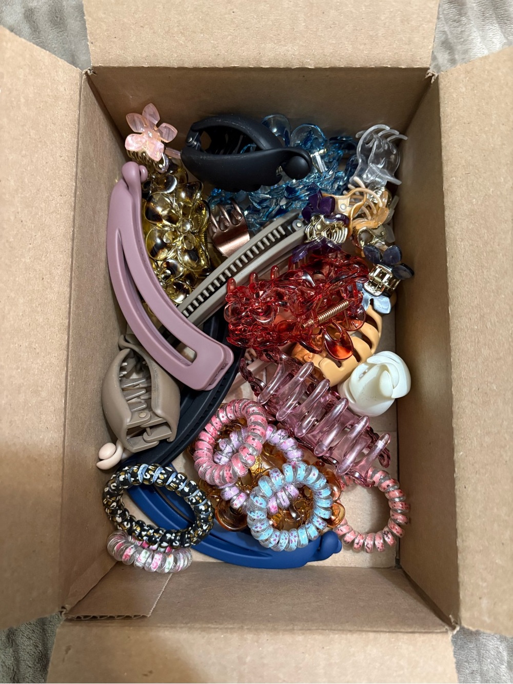 Assorted Hair Clips & Coil Hair Ties - Pink, Blue, Red, Black, Beige